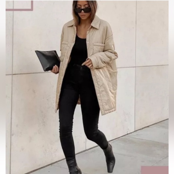 Zara quilted water repellent oversized jacket Overshirt Beige Sz XS 4341/739 - Picture 7 of 16